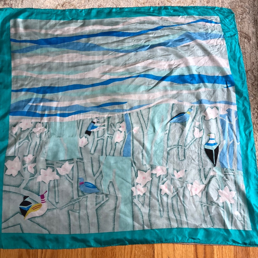 VTG Abstract Art Deco Avian Bird Flowy Silk Scarf Teal Waves Trees Square Retro - Picture 5 of 14